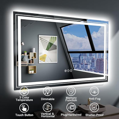 LED Bathroom Mirror, 40"X28" with Front and Backlit, Anti-Fog, Bathroom Vanity Mirror for Wall, Memory Function, Stepless Dimmable, Tempered Glass (Horizontal/Vertical)