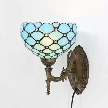 Small Tiffany Wall Sconce Lamp Stained Glass 8X10.5X11 Inch Plug in Sconce Bedside Light for Hallway Bedroom (Sea Blue Beads)