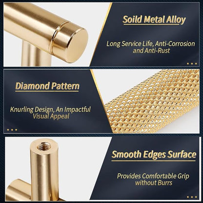 Knurled Cabinet Pulls 2 Pack, 4 Inch Long Cabinet Handles Metal Door Pulls, Kitchen Drawer Pull Knurled Dresser Handles - 3" Hole to Hole, Golden