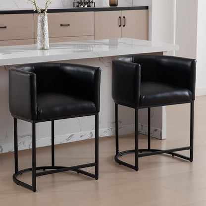 Modern Counter Height PU Leather Upholstered Bar Stools Set of 2, 24" Kitchen Counter Island Stools Bar Chairs with Black Metal Frame, Black