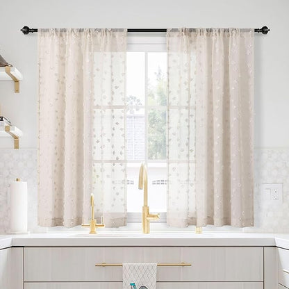 MYSKY HOME Beige Sheer Short Curtains with Pom Pom for Small Windows Bedroom Nursery Kids Girls Room Curtains Cafe Kitchen Light Filtering Boho Drapes, Rod Pocket,52 x 54 Inches, 2 Panels