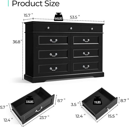 LINSY HOME 9 Drawers Dresser for Bedroom, Wood Modern Farmhouse Drawer Chest, Tall Black Dresser for Closet, Large Dressers with Storage Organizer for Living Room, Closet, Hallway