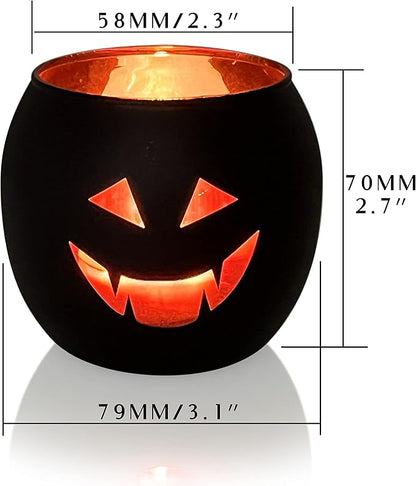 SHMILMH Halloween Table Centerpiece Candle Holders Set of 12, Black and Gold Glass Votive Holder with 6 Grimace, Tealight Holders Bulk for Halloween Party D?or