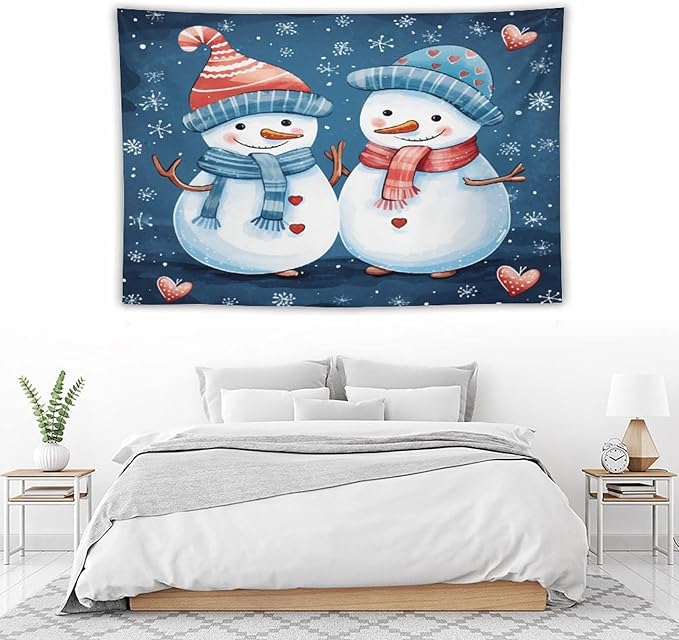 MaSiledy Snowman Couple Tapestries Funny Cute Snowman with Hat And Scarf Tapestries for Bedroom Aesthetic Landscape Tapestry Wall Hanging Decor Home Decoration for Bedroom Living Room Dorm 40"x60"