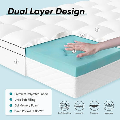 Memory Foam Mattress Topper Cover, Full Size 4inch, White, Dual Layer Gel & Pillow Top, CERTIPUR-US Certified, Machine Washable, Pressure Relieving, 54x75 inch