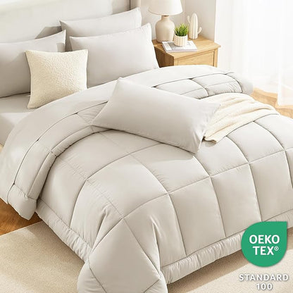CozyLux King Size Comforter Set Beige, 7 Pieces Bed in a Bag, Beige Comforter King Size, All Season Bedding Sets with Stitch Quilted Comforter, Flat Sheet, Fitted Sheet, Pillowcases