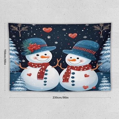 MaSiledy Snowman Couple Tapestries Christmas Cute Snowman Tapestries for Bedroom Landscape Tapestry Home Decoration for Living Room Bedroom 60"x90" Holiday Scene Banner for Winter Christmas Party