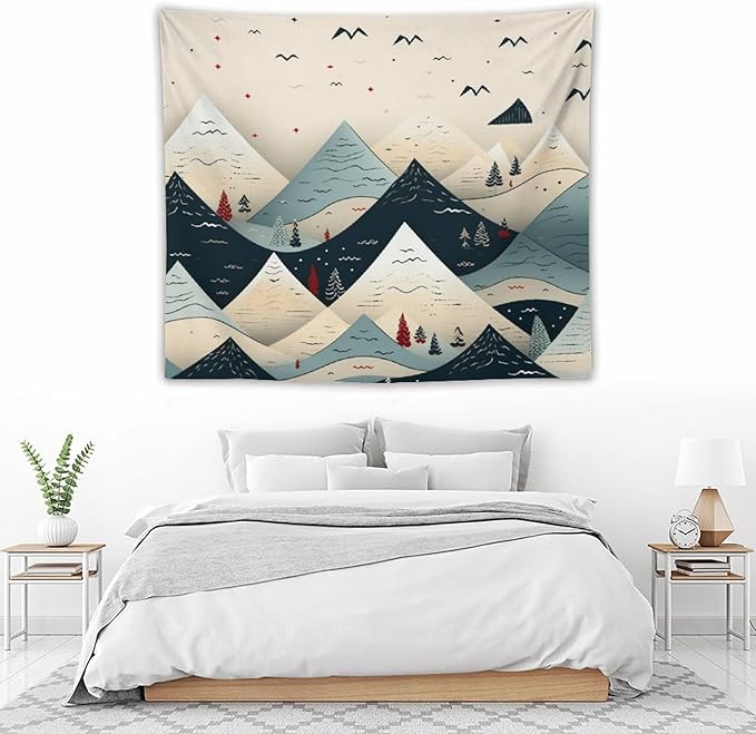 Tapestry Snow Mountain Scandinavian Winter Aesthetic Bedroom Tapestries Happy New Year Wall Tapestry Wall Decor for Bedroom Living Room Dorm Landscape 50"x60" Tapestries Winter Snowflake Decorative