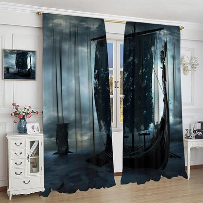 Viking Ship Curtains, Night Scene with Black Vikings Dragon Ship Sailing, Vintage Ancient Scandinavian Nautical Print Blackout Window Drapes for Boys Bedroom Living Room 84x84in