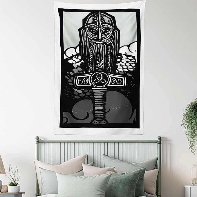 Lunarable Viking Tapestry Twin Size, Thor Son of Odin Monochrome Design Guardian of Asgard Scandinavian Culture, Wall Hanging Bedspread Bed Cover Wall Decor, Twin Size, Black White