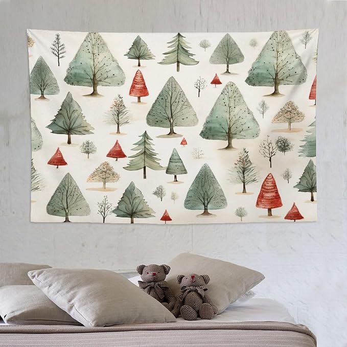 MaSiledy Tapestry Vintage Christmas Tree Watercolor Aesthetic Bedroom Tapestries Merry Christmas Winter Xmas Tapestry As Wall Art Wall Art for Bedroom Wall Hanging for Room Landscape 60"x90"