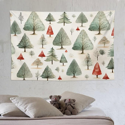 MaSiledy Tapestry Vintage Christmas Tree Watercolor Aesthetic Bedroom Tapestries Merry Christmas Winter Xmas Tapestry As Wall Art Wall Art for Bedroom Wall Hanging for Room Landscape 60"x90"