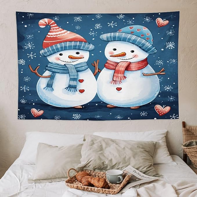 MaSiledy Snowman Couple Tapestries Funny Cute Snowman with Hat And Scarf Tapestries for Bedroom Aesthetic Landscape Tapestry Wall Hanging Decor Home Decoration for Bedroom Living Room Dorm 40"x60"