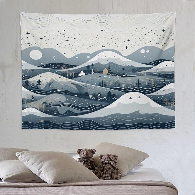 MaSiledy Snow Mountain Scandinavian Winter Tapestries Vintage Christmas Tapestries for Bedroom Aesthetic Landscape Tapestry Wall Art for Home Decor 60"x80" Xmas Wall Hanging Polyester Tapestries
