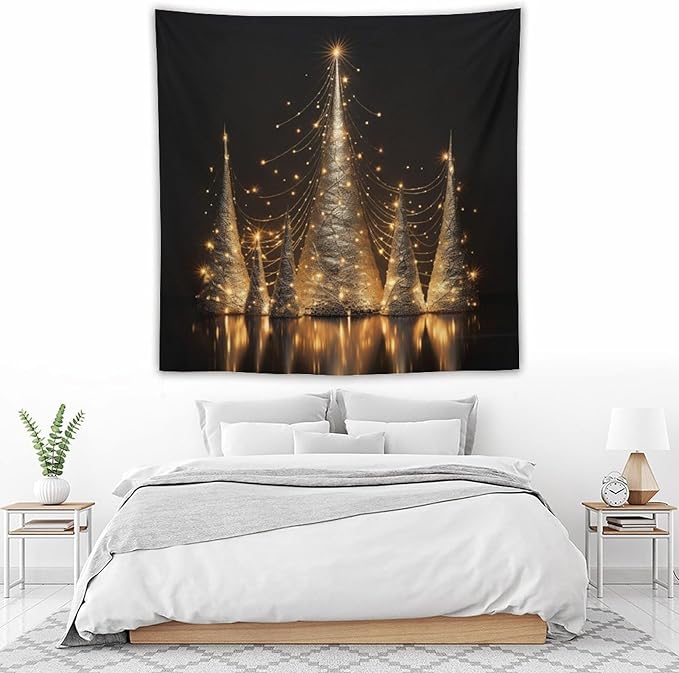 MaSiledy Silver Lighted Christmas Trees Wall Tapestry Happy New Year Vintage Aesthetic Tapestry Wall Hanging Landscape Tapestry Wall Art for Bedroom Wall Hanging for Room 60"x60"