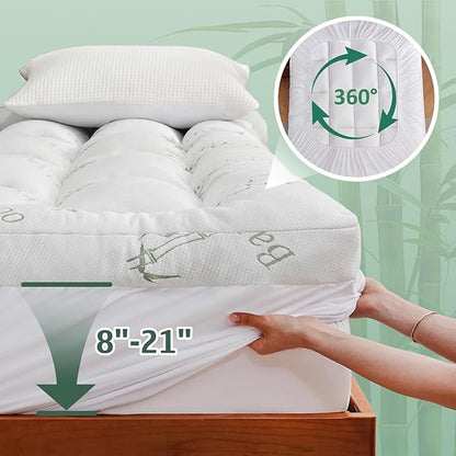 DOWNCOOL 3 Inch Memory Foam Mattress Topper Queen – Cooling Pillow Top Mattress Topper for Back Pain Relief, with Bamboo Viscose Air Layer, 1700 GSM Fill, Deep Pocket Fits 8–21 Inch