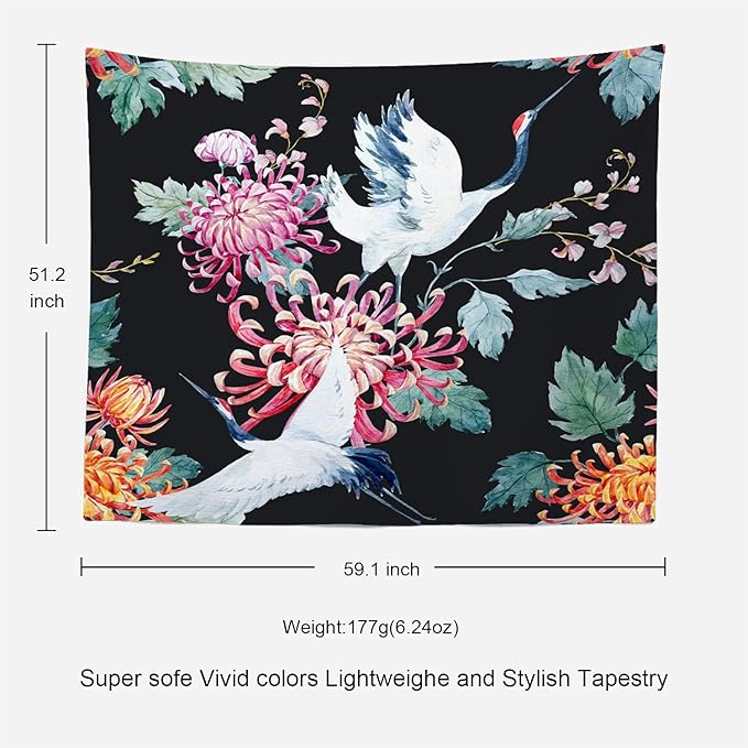 Batmerry Red Green Cranes Floral Leaves Tapestry, Traditional Japanese Watercolor Sytle Design Tapestry for Living Room Bedroom Wall Hanging Decorative 51.2x59.1 Inch