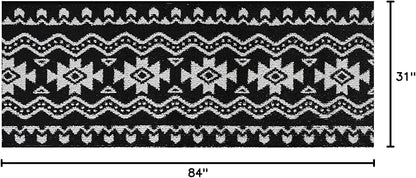 Custom Length Cut to Size Tribal Ethnic Southwestern Inspired Hallway Runner Rug, Non Slip Rubber Backed, 31 inch Wide X Customized Length, Aztec Black, 31 inch X 7 feet