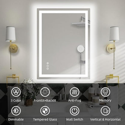 36"x 28" LED Bathroom Mirror with Lights, Anti-Fog, Dimmable, 3 Colors Front and Backlit LED Mirror for Bathroom, Lighted Bathroom Vanity Mirror for Wall Mounted Horizontal/Vertical