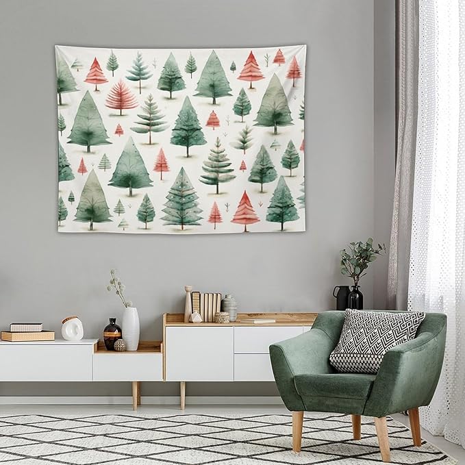 Vintage Christmas Tree Watercolor Tapestries Winter Christmas Wall Hanging Wall Tapestry Aesthetic Landscape Tapestry Wall Decor for Bedroom Living Room Dorm 30"x40" Christmas Family Party