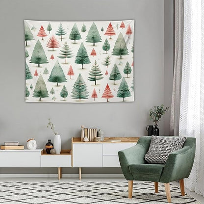Vintage Christmas Tree Watercolor Tapestries Winter Christmas Wall Hanging Wall Tapestry Aesthetic Landscape Tapestry Wall Decor for Bedroom Living Room Dorm 30"x40" Christmas Family Party