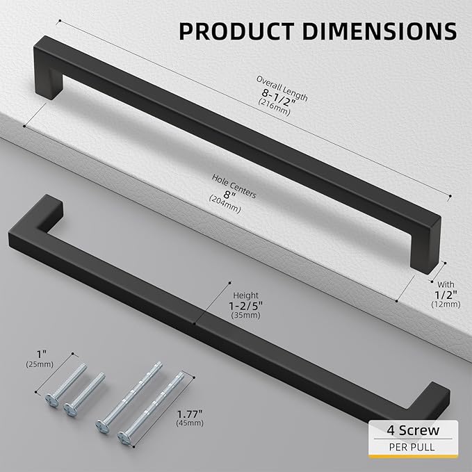goldenwarm 35 Pack 8 Inch Black Cabinet Handles Matte Black Drawer Pulls Stainless Steel Cabinets Hardware Square Bar Modern for Kitchen Bathroom Cupboard