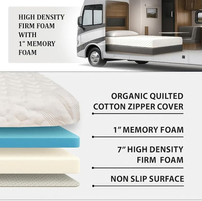 Foamma 7" x 32" x 75" Camper/RV Travel Gel Memory Foam Bunk Mattress, Organic Cotton Cover, Made in USA, Comfortable, Travel Trailer, CertiPUR-US Certified Foam