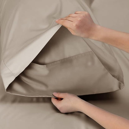 Bedsure Queen Sheet Set, Rayon Derived from Bamboo, Cooling Sheets, Breathable & Soft, Deep Pocket Up to 16 Inches, Hotel Luxury Silky Bedding for Hot Sleepers, Simply Taupe