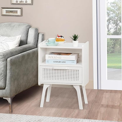 Lerliuo Rattan Nightstand, Side Table with Drawer Open Shelf, Cane Accent Bedside End Table with Solid Wood Legs, Mid Century Modern Night Stand for Bedroom, Dorm and Small Spaces (White)