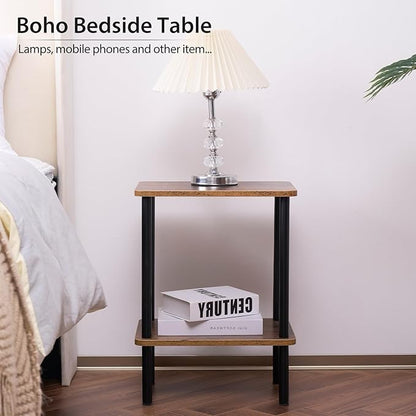 Apicizon 2 Tier End Table Set of 2, Small Side Table with Solid Wood Legs, Boho Bedside Table with Storage Shelf, Nightstand for Small Spaces, Bedroom, Living Room, Entryway, Easy Assembly, Brown