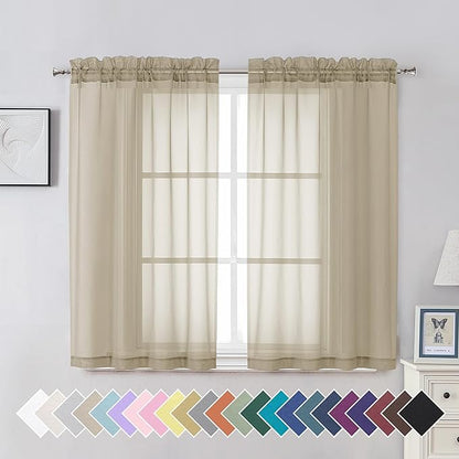 Aiyufeng Taupe Sheer Curtains 45 Inches Long 2 Panels Set, Semi Transparent Voile Rod Pocket Sheer Window Drapes for Bedroom Bed Canopy Living Room Dining Wedding Party Backdrop, 42W x 45L inch