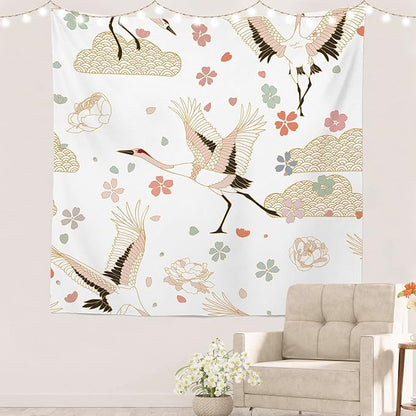 Batmerry White and Gold Japanese Tapestry,Rustic Wall Art Hanging Decoration Polyester Fiber White Ruffled Around for Dorm Room Bedroom Living Room, 59.1x59.1 inches