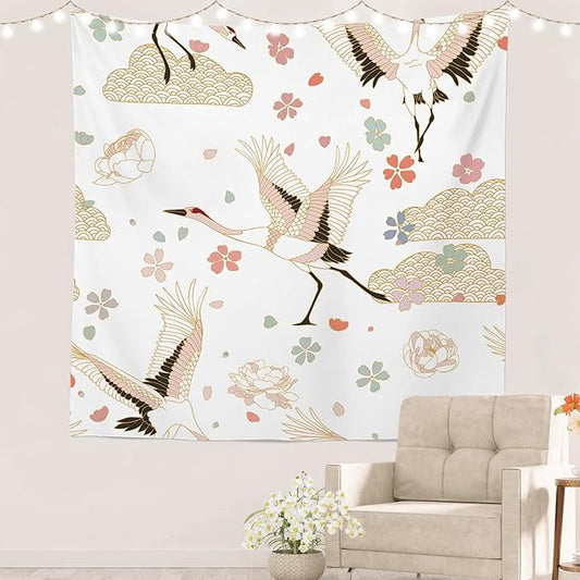 Batmerry White and Gold Japanese Tapestry,Rustic Wall Art Hanging Decoration Polyester Fiber White Ruffled Around for Dorm Room Bedroom Living Room, 59.1x59.1 inches