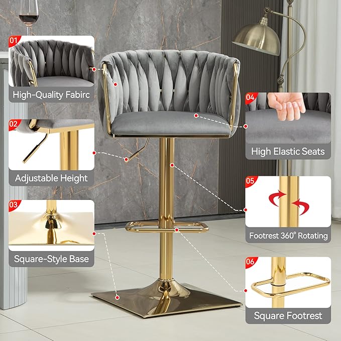 NIOIIKIT Bar Stool Set of 2, Velvet Upholstered Swivel Barstool, Counter Height Chair with Hand Woven Backrest, Dining Barstool with Footrest, Bar Chair for Kitchen Island, Pub (Grey)