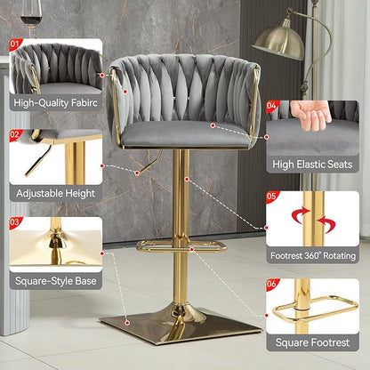 NIOIIKIT Bar Stool Set of 2, Velvet Upholstered Swivel Barstool, Counter Height Chair with Hand Woven Backrest, Dining Barstool with Footrest, Bar Chair for Kitchen Island, Pub (Grey)