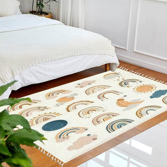 Boho Rug Hand Drawn Cute Rainbows Moon Sun Scandinavian Chic Area Washable Hallway Runner Meditation Mat Minimalist Home Decor for Living Room Bedroom Nursery Playroom Classroom, 3'x5