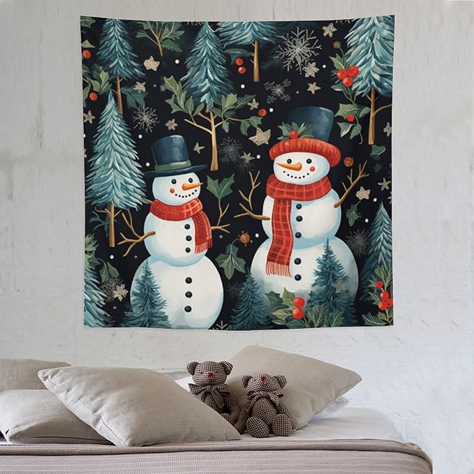 Snowman Couple Tapastry's Wall Hanging Christmas Winter Snowman Wall Hanging Wall Tapestry Aesthetic Landscape Tapestry Wall Hanging for Living Room Dorm 60"x60" Christmas Family Party