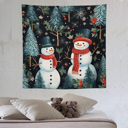 Snowman Couple Tapastry's Wall Hanging Christmas Winter Snowman Wall Hanging Wall Tapestry Aesthetic Landscape Tapestry Wall Hanging for Living Room Dorm 60"x60" Christmas Family Party