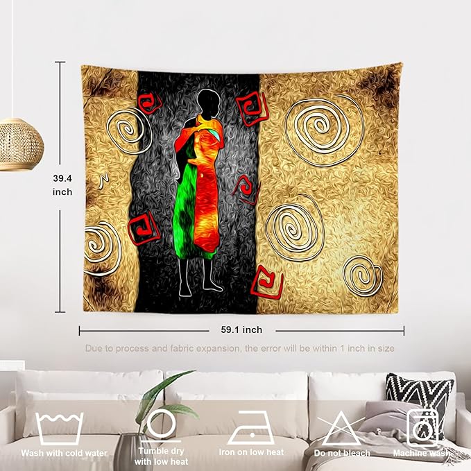 Batmerry African Ethnic Retro Tapestry, Vintage Motive Oil Landscape Fashion Wall Art Hanging Decoration Polyester Fiber White Ruffled Around for Dorm Room Bedroom Living Room, 39.1x59.1 inches