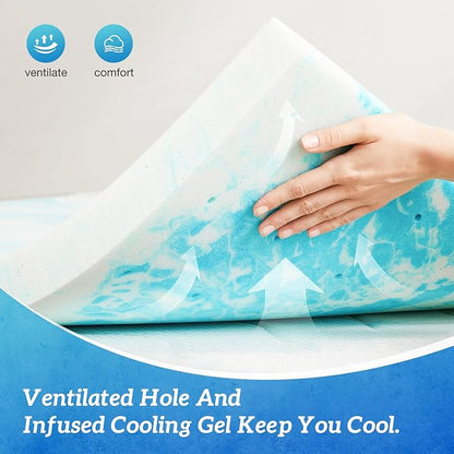 Sweetcrispy Mattress Topper Queen, 2 Inch Thick Memory Foam Gel Infused Cooling Toppers Pad for Queen Size Bed, Sleeper Sofa, RV, Camper, CertiPUR US Certified, Ventilated and Breathable, Blue
