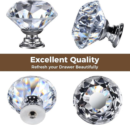 DEELF 24 Packs Kitchen Cabinet Knobs, 40 mm Crystal Cabinet Knobs, Diamond Dresser Handle Drawer Pulls, Dresser Knobs for Cabinets and Drawers, Silver Base
