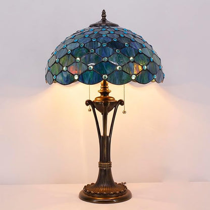 Tiffany Table Lamp Sea Blue Pearl Stained Glass Desk Lamp 16X16X24 Inches Reading Light