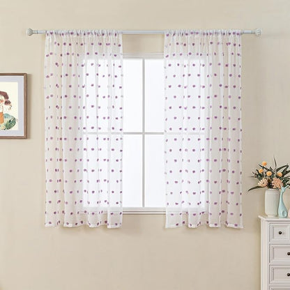 MYSKY HOME 45 Inches Long Kitchen Curtains Small Window Curtains for Bathroom Cafe Bedroom Purple Pom Pom White Semi Sheer Curtains for Nursery Girls Room Rod Pocket 2 Pieces Drapes 52 x 45 inch