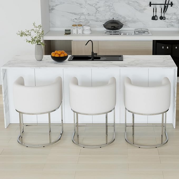 Modern Counter Height Linen Upholstered Bar Stools Set of 4, 24" Kitchen Counter Island Stools Bar Chairs with Chrome Finish Metal Frame for Kitchen Island, Cream