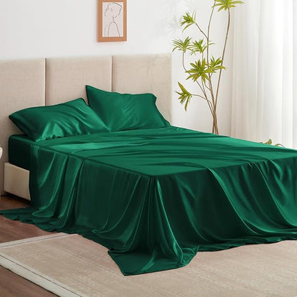 Love's cabin Twin XL Satin Sheet Sets - 3 Piece Dark Green Silky Bed Sheets with Deep Pockets, Luxury Silk Feel Satin Sheet Set Twin XL (1 Flat Sheet,1 Fitted Sheet,1 Pillow case)