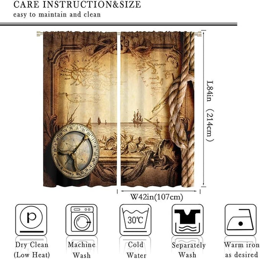 Pirate Map Curtains, Nautical Theme Old Ancient Treasure Map Secret Sea History Pattern Blackout Window Drapes for Kids Boys Bedroom Living Room 84x84in