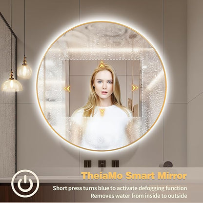 40" Round LED Bathroom Mirror, Wall Mounted Backlit Vanity With Lights, Fog Free Circle With Gold Frame, Smart Light Up 3-Color
