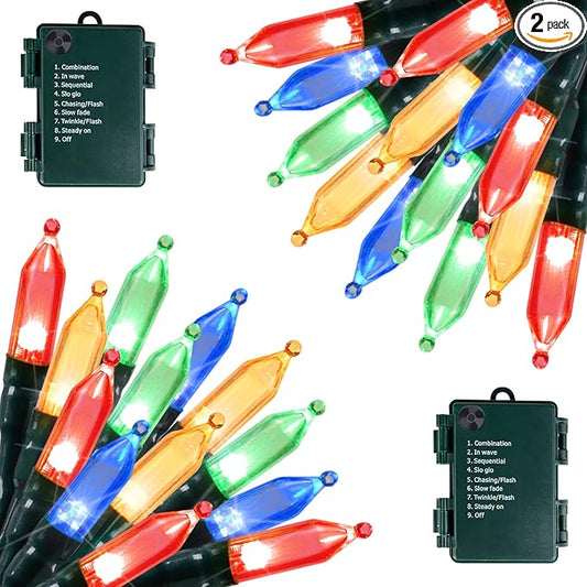 Battery Operated Christmas Lights 2 Pack 18 Feet 50 LED Clear Mini String Lights with 8 Modes Waterproof Tree Lights for Xmas Outdoor Indoor Holiday Party Garden Decor, Multicolor