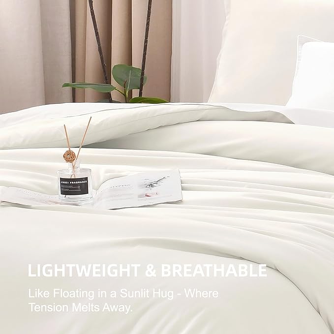 Litanika Ivory Comforter Set King Size, 3 Pieces Lightweight Solid Bedding Comforter Set, All Season Fluffy Bed Set (104x90In Comforter & 2 Pillowcases)