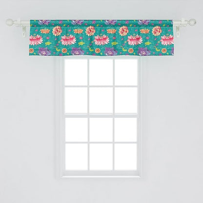 Ambesonne Floral Window Valance Pack of 2, Pattern with Lotus Flowers Peonies and Chrysanthemums Oriental Motifs Garden Art, Rod Pocket Curtain Valances for Kitchen Bedroom, 42" X 12", Teal